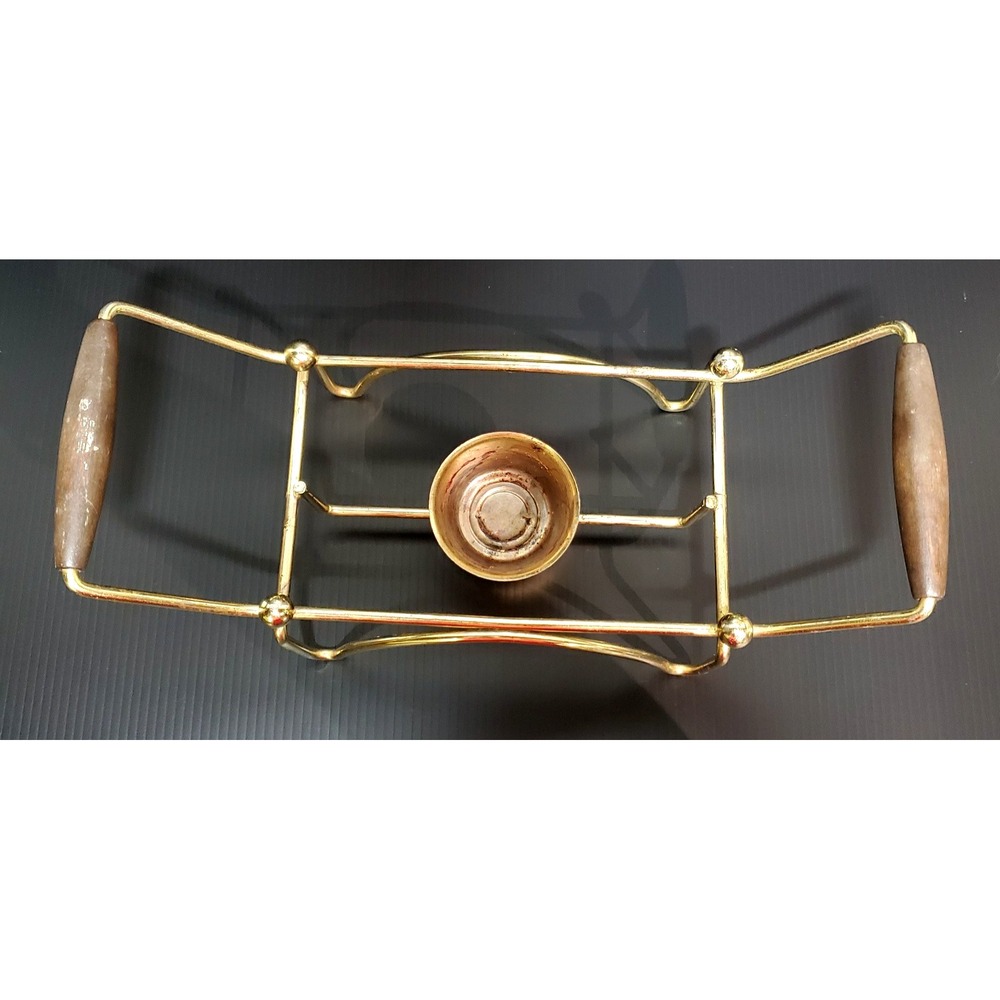 Vintage Mid Century Modern chafing stand metal w/ wood handles, warming stand - Picture 6 of 12